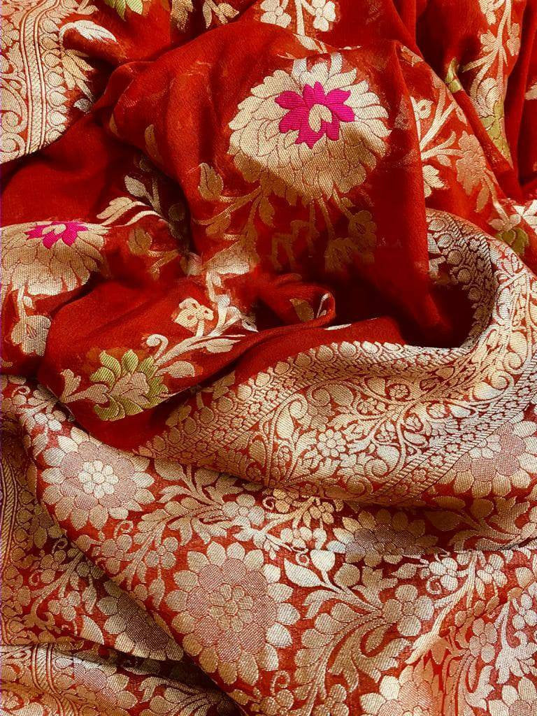 Zynah Pure Khaddi Georgette Banarasi Saree with Golden Zari & Meenakari Weave Motifs; Custom Stitched/Ready-made Blouse, Fall, Petticoat; Shipping available USA, Worldwide