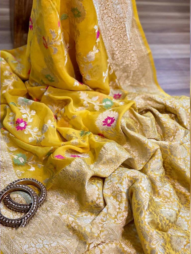 Zynah Pure Khaddi Georgette Banarasi Saree with Golden Zari & Meenakari Weave Motifs; Custom Stitched/Ready-made Blouse, Fall, Petticoat; Shipping available USA, Worldwide