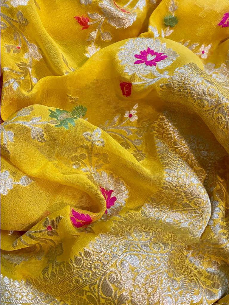 Zynah Pure Khaddi Georgette Banarasi Saree with Golden Zari & Meenakari Weave Motifs; Custom Stitched/Ready-made Blouse, Fall, Petticoat; Shipping available USA, Worldwide