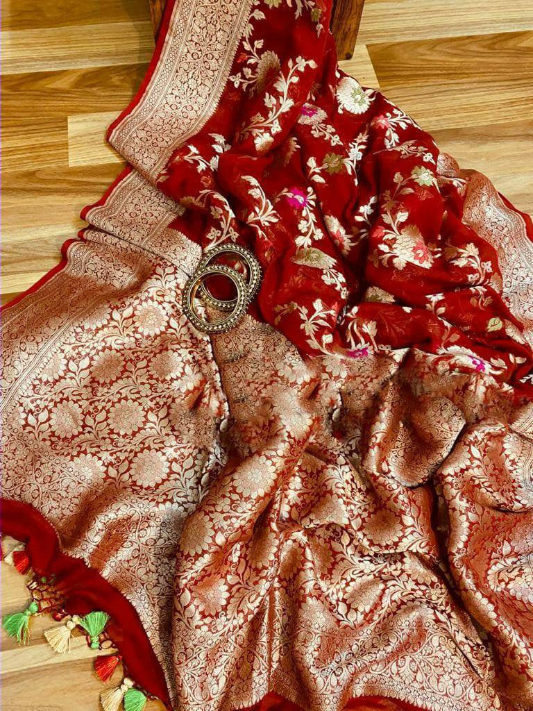 Zynah Pure Khaddi Georgette Banarasi Saree with Golden Zari & Meenakari Weave Motifs; Custom Stitched/Ready-made Blouse, Fall, Petticoat; Shipping available USA, Worldwide