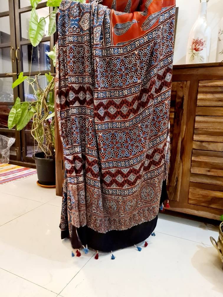 Zynah Pure Modal Silk Ajrakh Saree with Handblock Prints; Custom Stitched/Ready-made Blouse, Fall, Petticoat; Shipping available USA, Worldwide