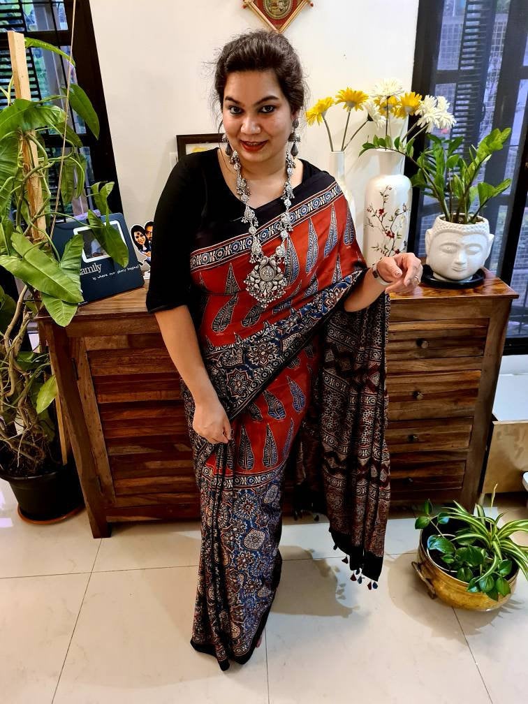 Zynah Pure Modal Silk Ajrakh Saree with Handblock Prints; Custom Stitched/Ready-made Blouse, Fall, Petticoat; Shipping available USA, Worldwide