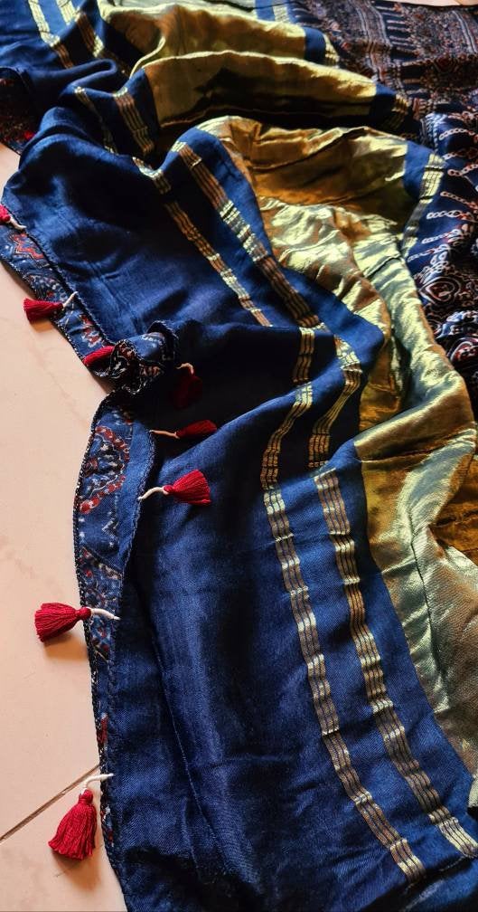 Zynah Pure Modal Silk Ajrakh Saree with Tissue Pallu, Handblock Prints; Custom Stitched/Ready-made Blouse, Fall, Petticoat; Shipping available USA, Worldwide
