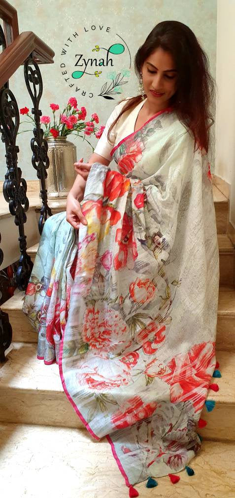 Zynah Digital Printed Organic Lab Tested 120 Count pure 'Linen by Linen' Handcrafted Saree; Custom Stitched/Ready-made Blouse, Fall, Petticoat; Shipping available USA, Worldwide