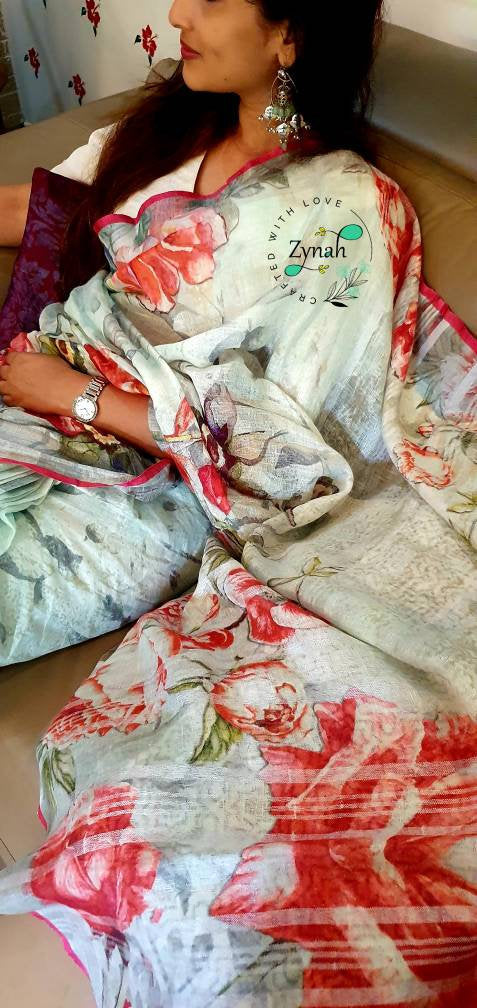 Zynah Digital Printed Organic Lab Tested 120 Count pure 'Linen by Linen' Handcrafted Saree; Custom Stitched/Ready-made Blouse, Fall, Petticoat; Shipping available USA, Worldwide