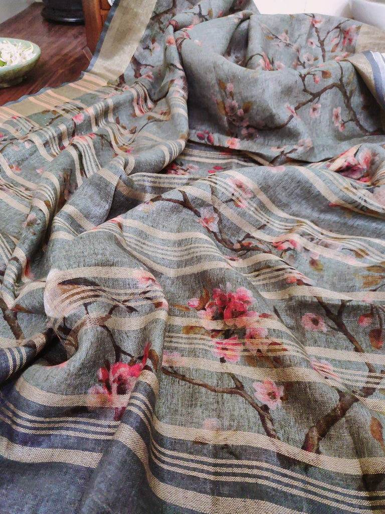 Zynah Cherry Blossom Printed Organic Lab Tested 120 Count pure 'Linen by Linen' Handcrafted Saree; Custom Stitched/Ready-made Blouse, Fall, Petticoat; Shipping available USA, Worldwide