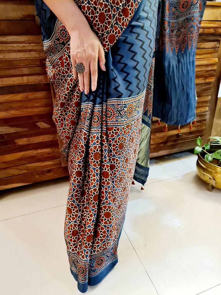 Zynah Pure Modal Silk Ajrakh Saree with Tissue Pallu, Handblock Prints; Custom Stitched/Ready-made Blouse, Fall, Petticoat; Shipping available USA, Worldwide