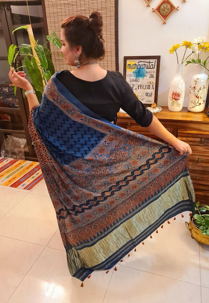 Zynah Pure Modal Silk Ajrakh Saree with Tissue Pallu, Handblock Prints; Custom Stitched/Ready-made Blouse, Fall, Petticoat; Shipping available USA, Worldwide