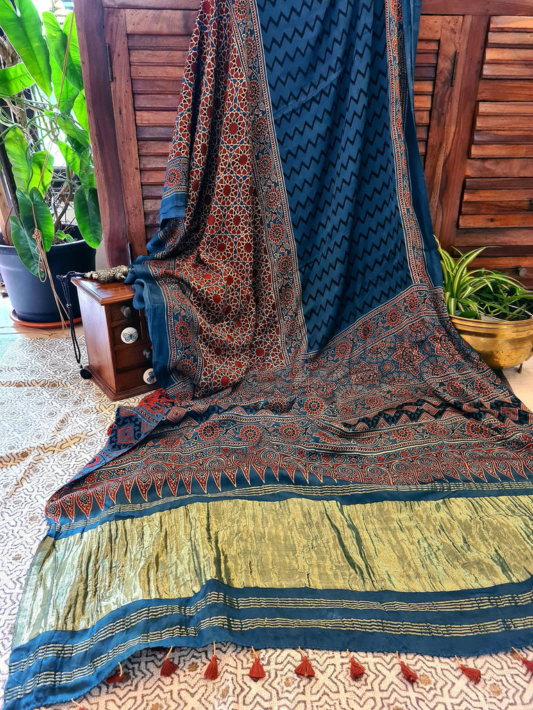 Zynah Pure Modal Silk Ajrakh Saree with Tissue Pallu, Handblock Prints; Custom Stitched/Ready-made Blouse, Fall, Petticoat; Shipping available USA, Worldwide