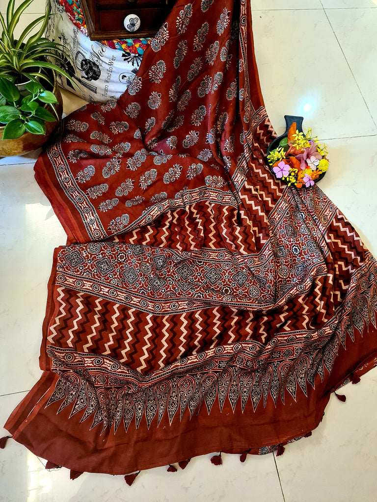 Zynah Pure Modal Silk Ajrakh Saree with Handblock Prints; Custom Stitched/Ready-made Blouse, Fall, Petticoat; Shipping available USA, Worldwide