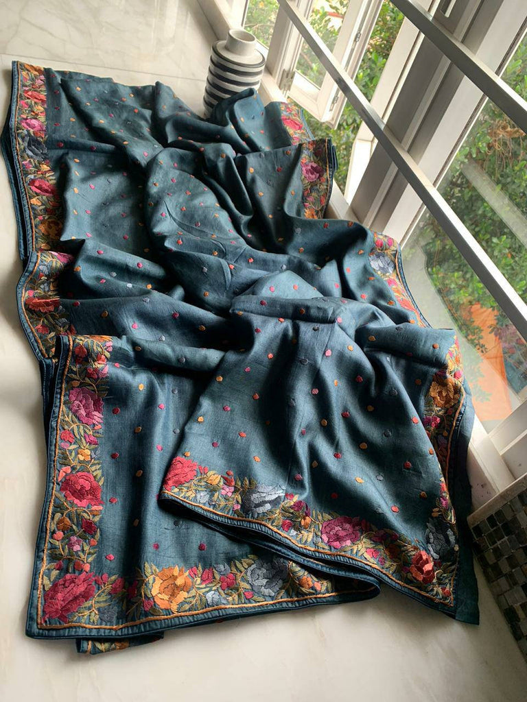 Zynah Made to Order Pure Tussar Silk Parsi Gara Handcrafted Saree; Custom Stitched/Ready-made Blouse, Fall, Petticoat; Shipping available USA, Worldwide
