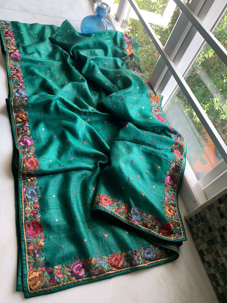 Zynah Made to Order Pure Tussar Silk Parsi Gara Handcrafted Saree; Custom Stitched/Ready-made Blouse, Fall, Petticoat; Shipping available USA, Worldwide