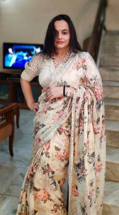 Zynah Kalamkari Organic Lab Tested 120 Count pure 'Linen by Linen' Saree; Custom Stitched/Ready-made Blouse, Fall, Petticoat; Shipping available USA, Worldwide