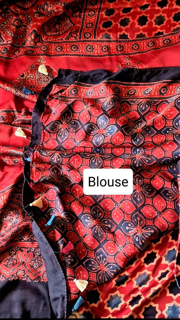 Zynah Pure Modal Silk Ajrakh Saree with Handblock Prints; Custom Stitched/Ready-made Blouse, Fall, Petticoat; Shipping available USA, Worldwide