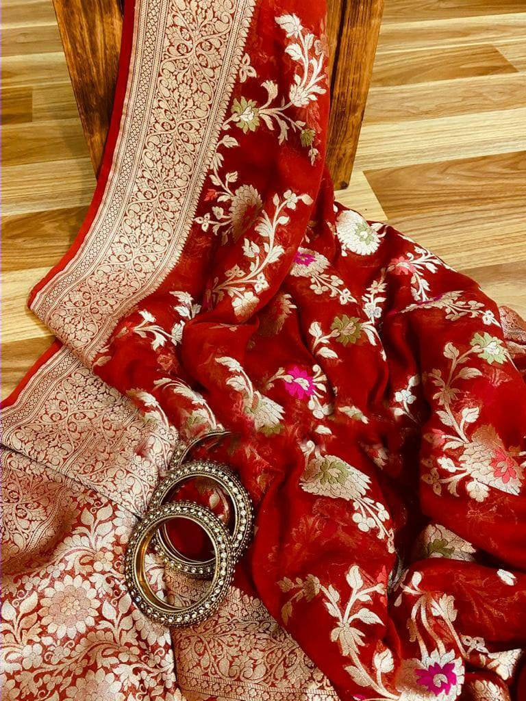 Zynah Pure Khaddi Georgette Banarasi Saree with Golden Zari & Meenakari Weave Motifs; Custom Stitched/Ready-made Blouse, Fall, Petticoat; Shipping available USA, Worldwide