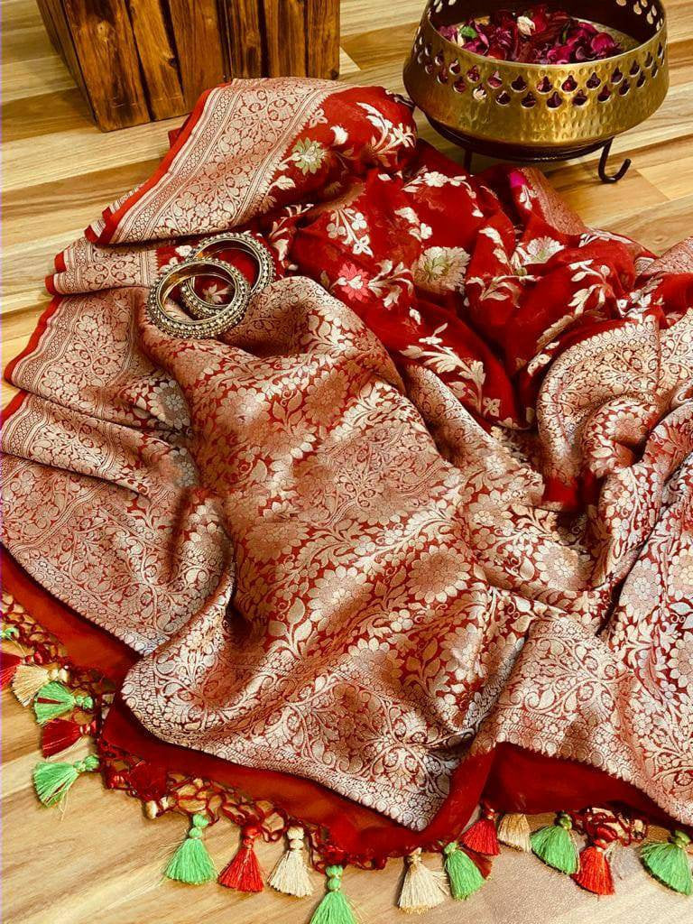 Zynah Pure Khaddi Georgette Banarasi Saree with Golden Zari & Meenakari Weave Motifs; Custom Stitched/Ready-made Blouse, Fall, Petticoat; Shipping available USA, Worldwide