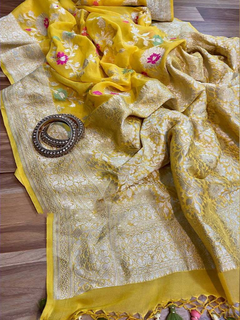 Zynah Pure Khaddi Georgette Banarasi Saree with Golden Zari & Meenakari Weave Motifs; Custom Stitched/Ready-made Blouse, Fall, Petticoat; Shipping available USA, Worldwide