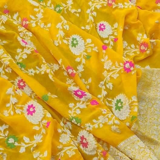 Zynah Pure Khaddi Georgette Banarasi Saree with Golden Zari & Meenakari Weave Motifs; Custom Stitched/Ready-made Blouse, Fall, Petticoat; Shipping available USA, Worldwide