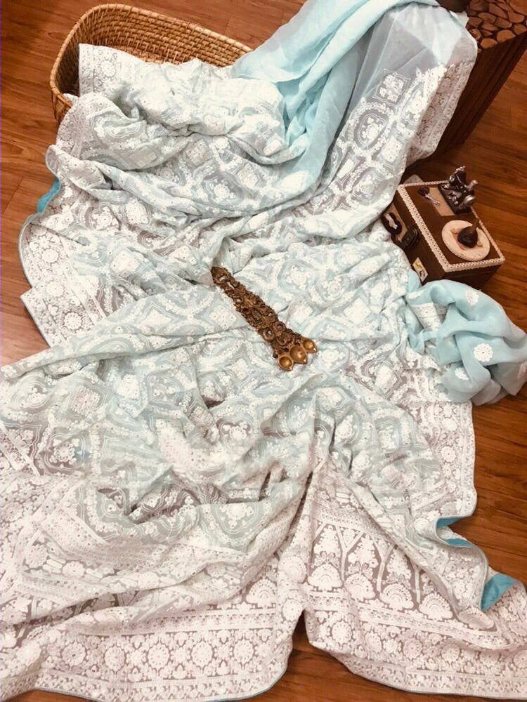Zynah Pure Georgette Chikankari Saree with Sequence Hand work; Custom Stitched/Ready-made Blouse, Fall, Petticoat; Shipping available USA, Worldwide