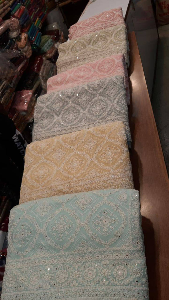 Zynah Pure Georgette Chikankari Saree in Pastel Shades with Sequence Hand work; Custom Stitched/Ready-made Blouse, Fall, Petticoat; Shipping available USA, Worldwide
