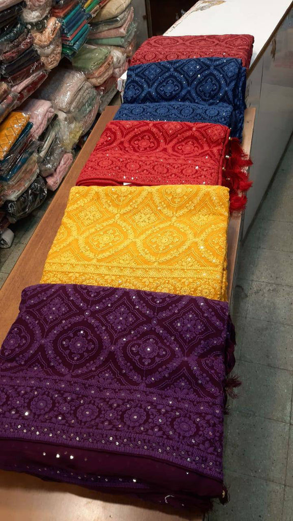 Zynah Pure Georgette Chikankari Saree in Pastel Shades with Sequence Hand work; Custom Stitched/Ready-made Blouse, Fall, Petticoat; Shipping available USA, Worldwide