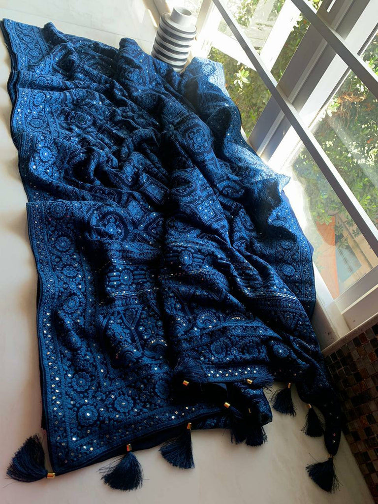 Zynah Pure Georgette Chikankari Saree in Pastel Shades with Sequence Hand work; Custom Stitched/Ready-made Blouse, Fall, Petticoat; Shipping available USA, Worldwide