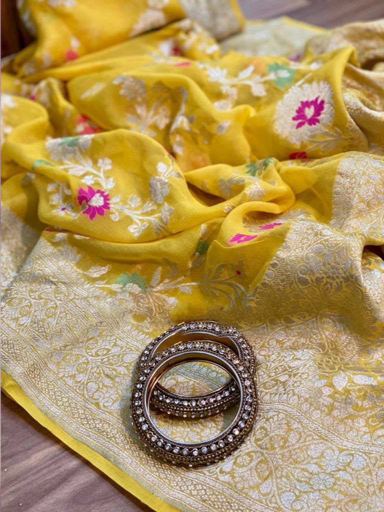 Zynah Pure Khaddi Georgette Banarasi Saree with Golden Zari & Meenakari Weave Motifs; Custom Stitched/Ready-made Blouse, Fall, Petticoat; Shipping available USA, Worldwide