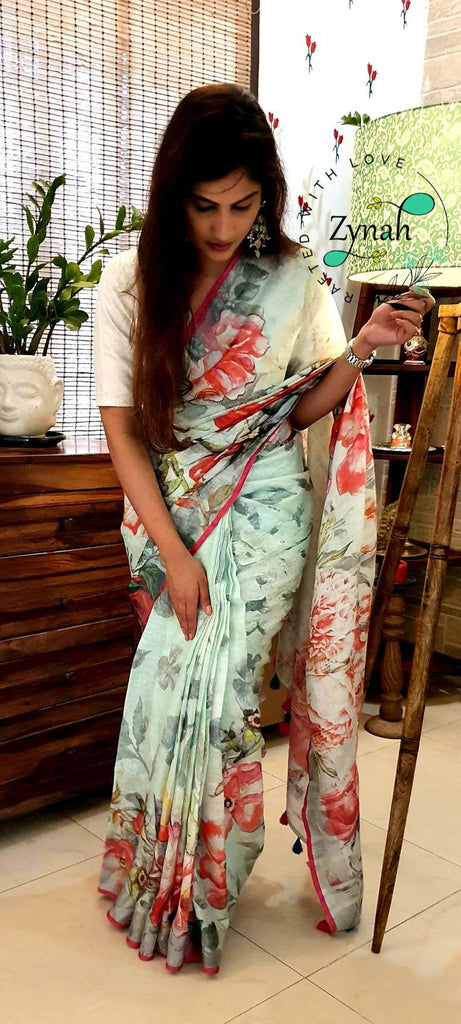 Zynah Digital Printed Organic Lab Tested 120 Count pure 'Linen by Linen' Handcrafted Saree; Custom Stitched/Ready-made Blouse, Fall, Petticoat; Shipping available USA, Worldwide