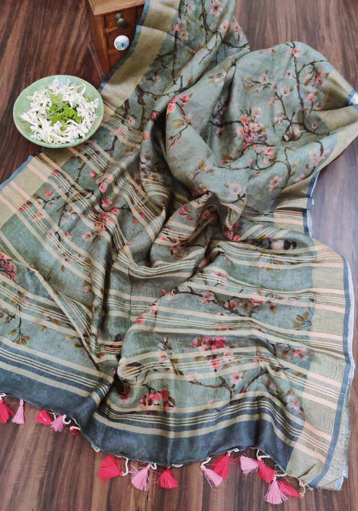 Zynah Cherry Blossom Printed Organic Lab Tested 120 Count pure 'Linen by Linen' Handcrafted Saree; Custom Stitched/Ready-made Blouse, Fall, Petticoat; Shipping available USA, Worldwide