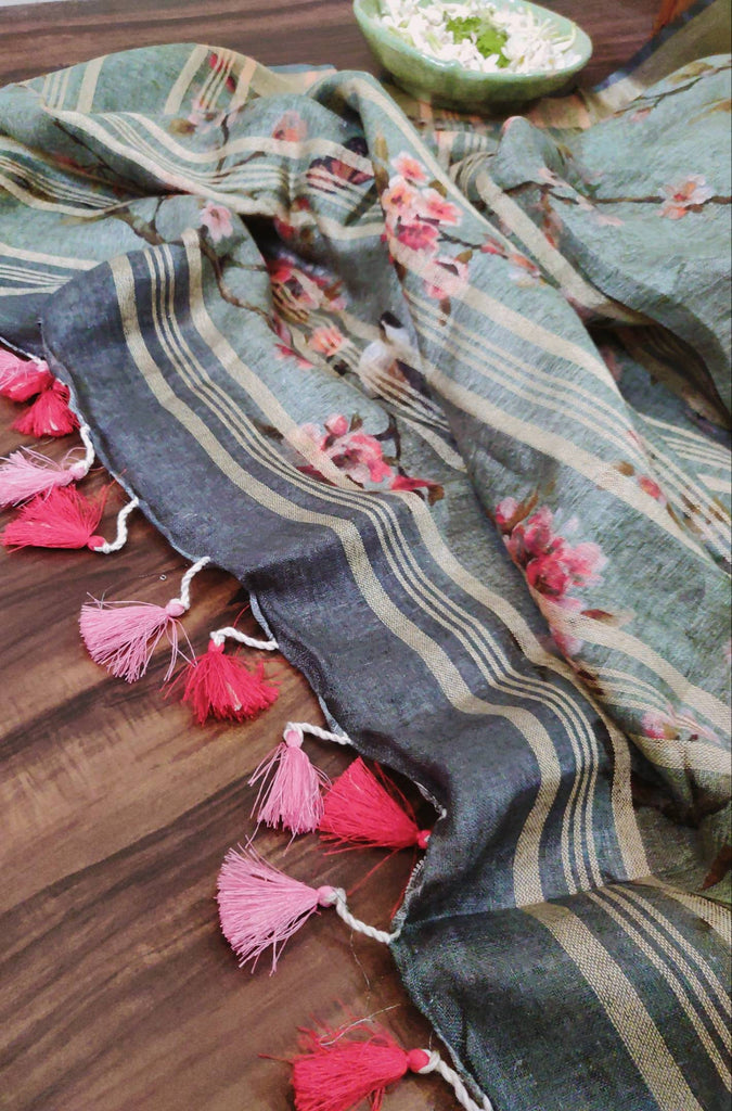 Zynah Cherry Blossom Printed Organic Lab Tested 120 Count pure 'Linen by Linen' Handcrafted Saree; Custom Stitched/Ready-made Blouse, Fall, Petticoat; Shipping available USA, Worldwide