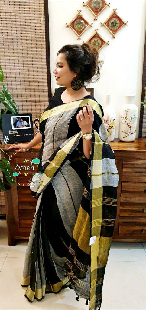 Zynah Striped Pure Handwoven Organic Lab Tested 120 Count pure 'Linen by Linen' Handcrafted Saree