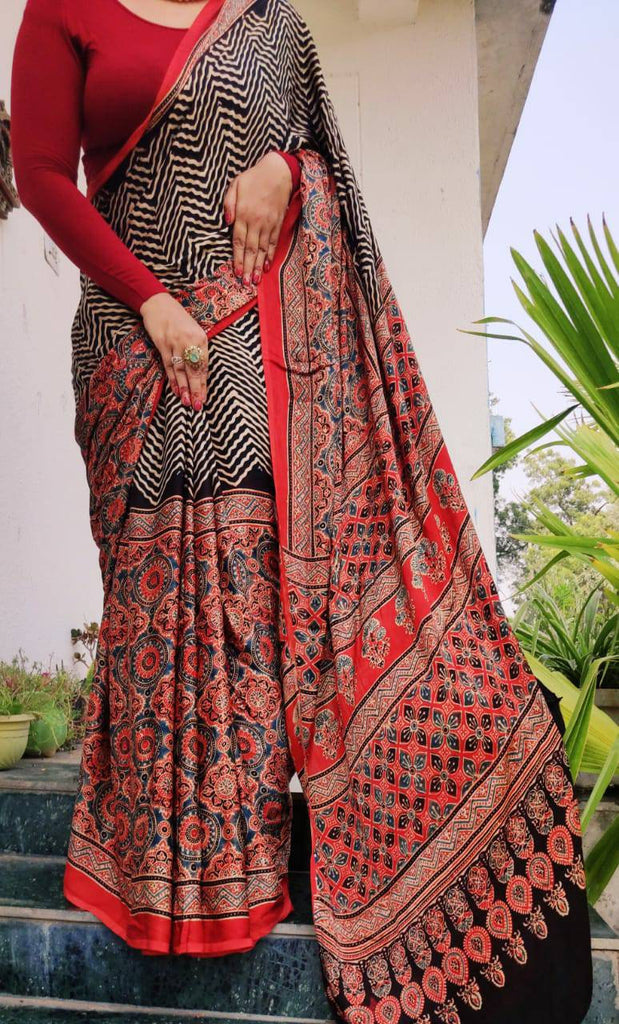 Zynah Pure Modal Silk Ajrakh Saree with Handblock Prints; Custom Stitched/Ready-made Blouse, Fall, Petticoat; Shipping available USA, Worldwide