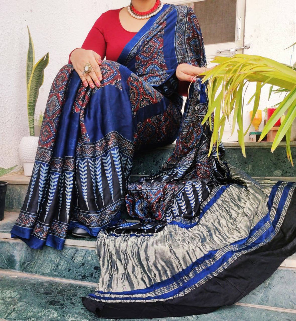 Zynah Pure Modal Silk Ajrakh Saree with Handblock Prints; Custom Stitched/Ready-made Blouse, Fall, Petticoat; Shipping available USA, Worldwide