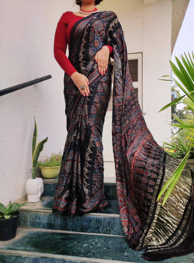 Zynah Pure Modal Silk Ajrakh Saree with Tissue Zari Pallu, Handblock Prints; Custom Stitched/Ready-made Blouse, Fall, Petticoat; Shipping available USA, Worldwide