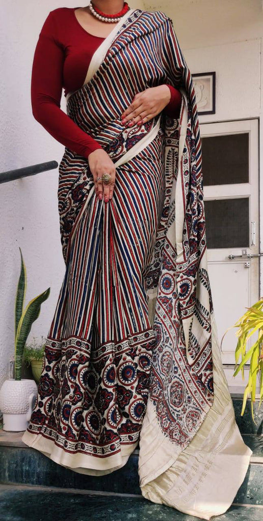 Zynah Pure Modal Silk Ajrakh Saree with Handblock Prints; Custom Stitched/Ready-made Blouse, Fall, Petticoat; Shipping available USA, Worldwide