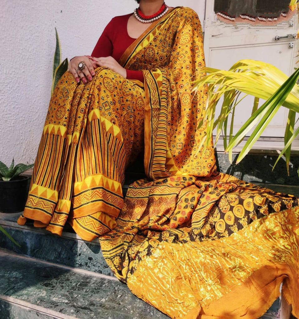 Zynah Pure Modal Silk Ajrakh Saree with Handblock Prints; Custom Stitched/Ready-made Blouse, Fall, Petticoat; Shipping available USA, Worldwide
