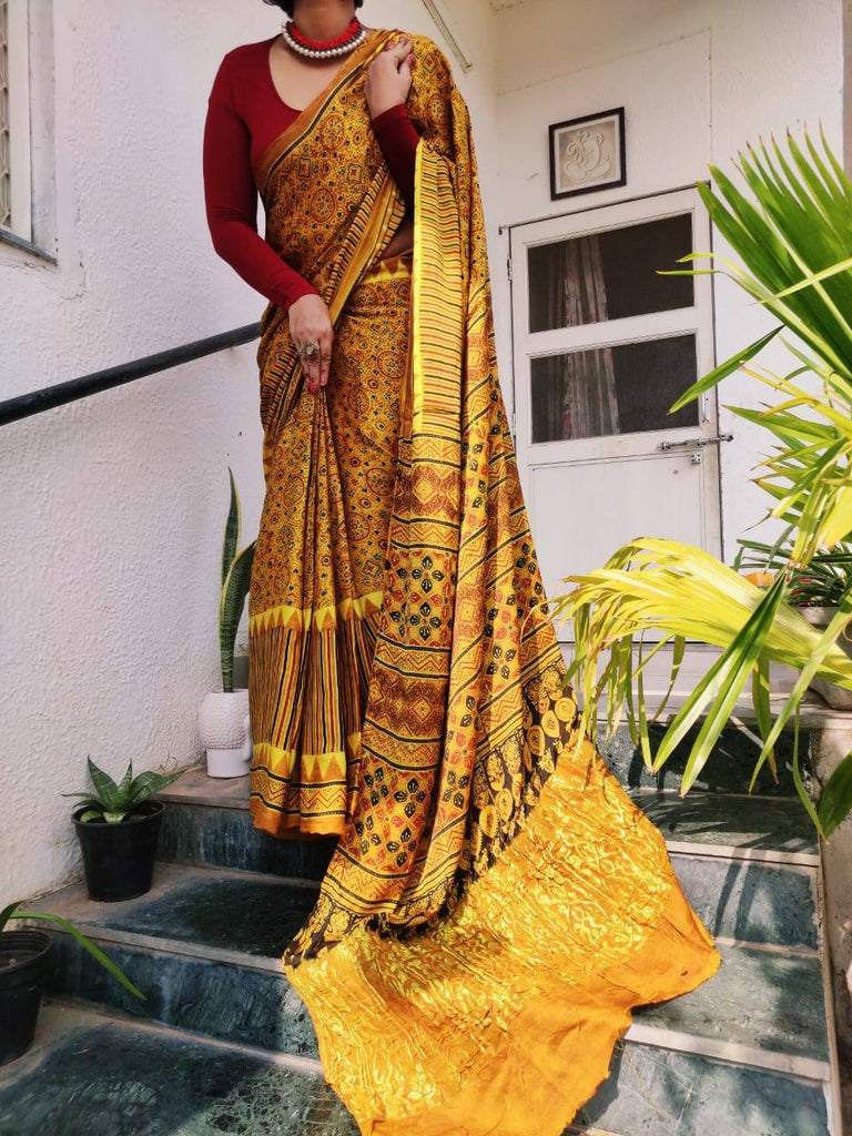 Zynah Pure Modal Silk Ajrakh Saree with Handblock Prints; Custom Stitched/Ready-made Blouse, Fall, Petticoat; Shipping available USA, Worldwide