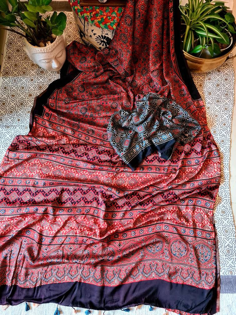 Zynah Pure Modal Silk Ajrakh Saree with Handblock Prints; Custom Stitched/Ready-made Blouse, Fall, Petticoat; Shipping available USA, Worldwide