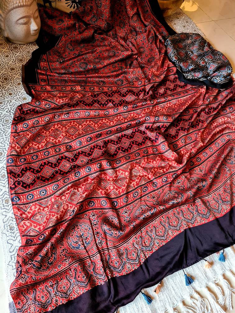 Zynah Pure Modal Silk Ajrakh Saree with Handblock Prints; Custom Stitched/Ready-made Blouse, Fall, Petticoat; Shipping available USA, Worldwide