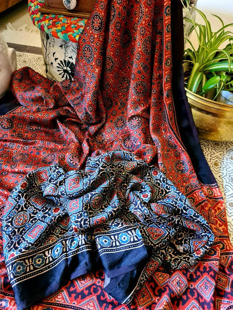 Zynah Pure Modal Silk Ajrakh Saree with Handblock Prints; Custom Stitched/Ready-made Blouse, Fall, Petticoat; Shipping available USA, Worldwide