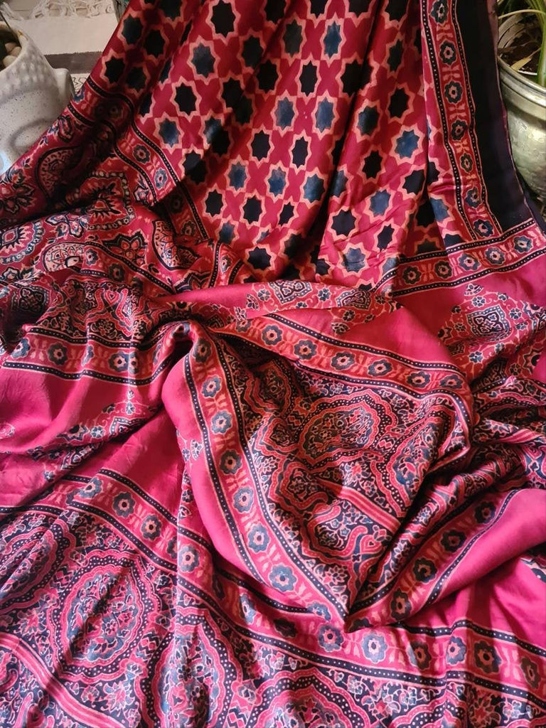 Zynah Pure Modal Silk Ajrakh Saree with Handblock Prints; Custom Stitched/Ready-made Blouse, Fall, Petticoat; Shipping available USA, Worldwide