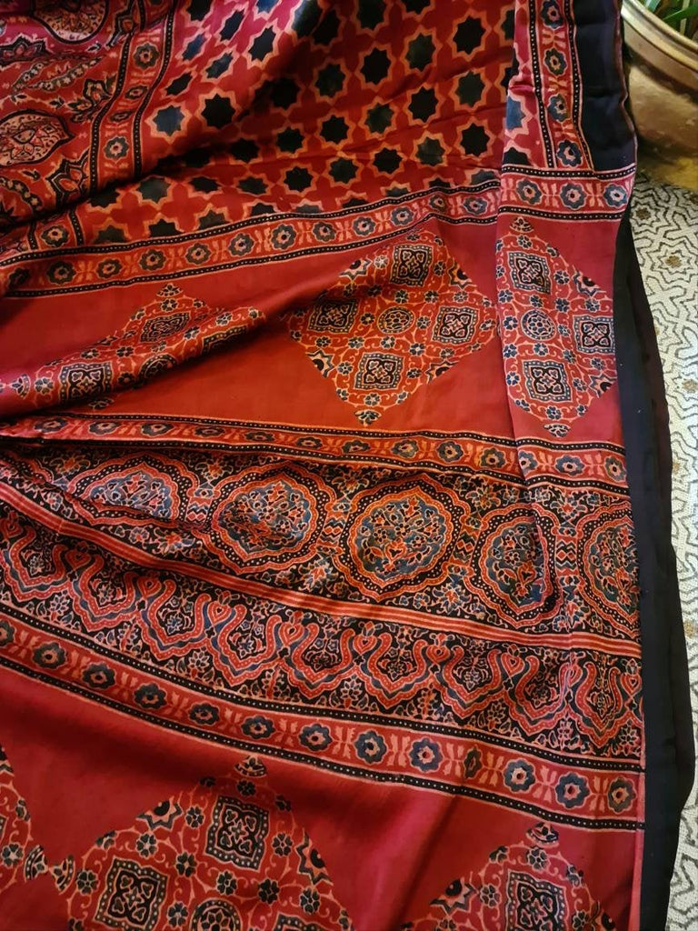Zynah Pure Modal Silk Ajrakh Saree with Handblock Prints; Custom Stitched/Ready-made Blouse, Fall, Petticoat; Shipping available USA, Worldwide