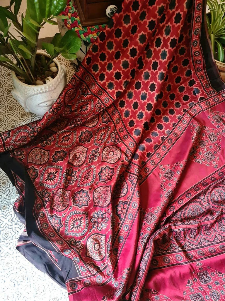 Zynah Pure Modal Silk Ajrakh Saree with Handblock Prints; Custom Stitched/Ready-made Blouse, Fall, Petticoat; Shipping available USA, Worldwide