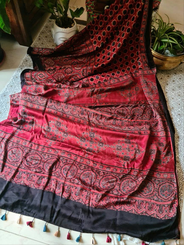 Zynah Pure Modal Silk Ajrakh Saree with Handblock Prints; Custom Stitched/Ready-made Blouse, Fall, Petticoat; Shipping available USA, Worldwide