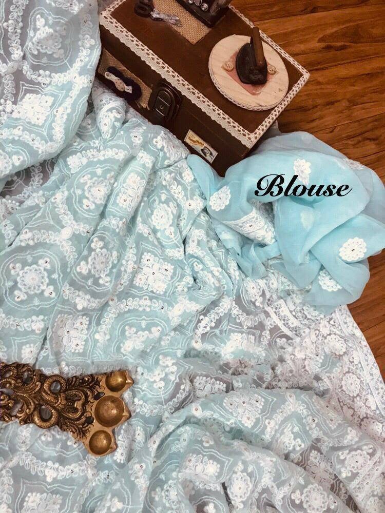 Zynah Pure Georgette Chikankari Saree with Sequence Hand work; Custom Stitched/Ready-made Blouse, Fall, Petticoat; Shipping available USA, Worldwide