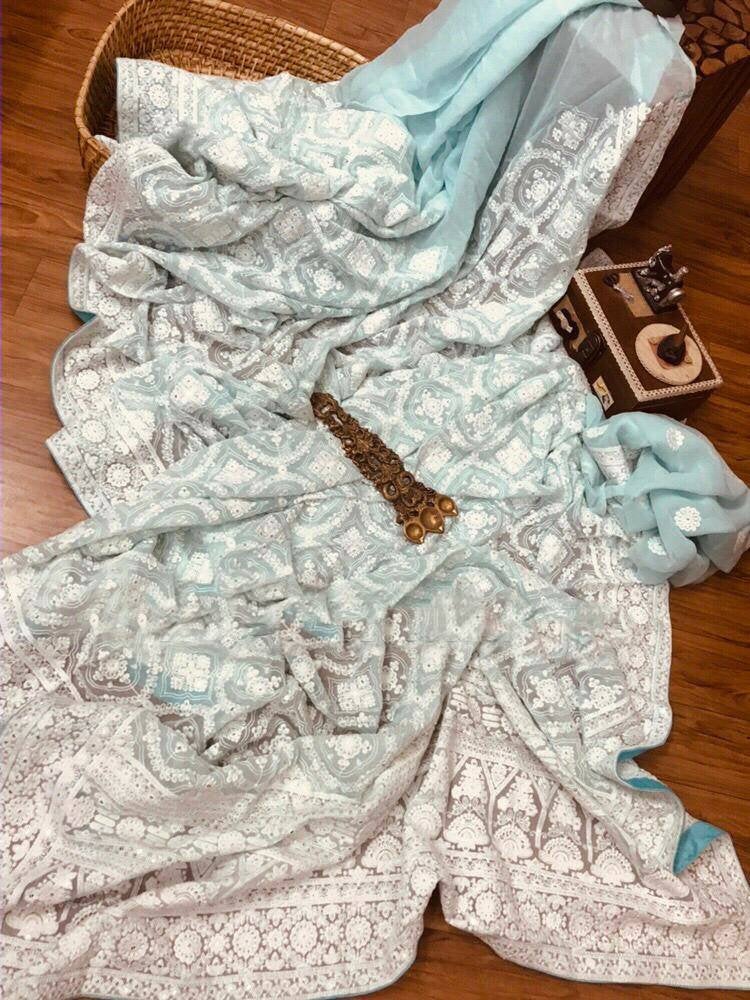 Zynah Pure Georgette Chikankari Saree with Sequence Hand work; Custom Stitched/Ready-made Blouse, Fall, Petticoat; Shipping available USA, Worldwide