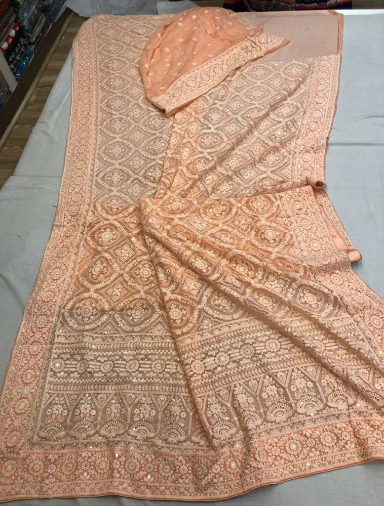 Zynah Pure Georgette Chikankari Saree in Pastel Shades, Sequence Hand work, Dyeable; Custom Stitched/Ready-made Blouse, Fall, Petticoat; Shipping available USA, Worldwide