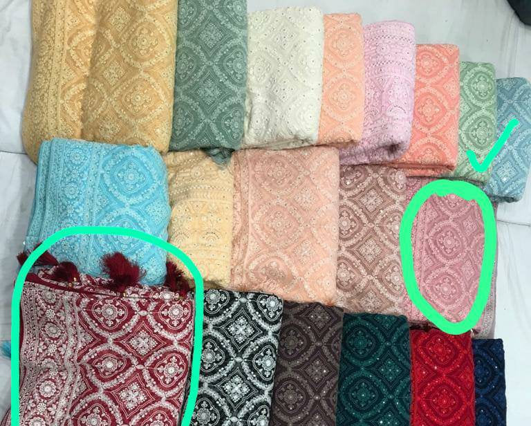 Zynah Pure Georgette Chikankari Saree in Pastel Shades with Sequence Hand work; Custom Stitched/Ready-made Blouse, Fall, Petticoat; Shipping available USA, Worldwide