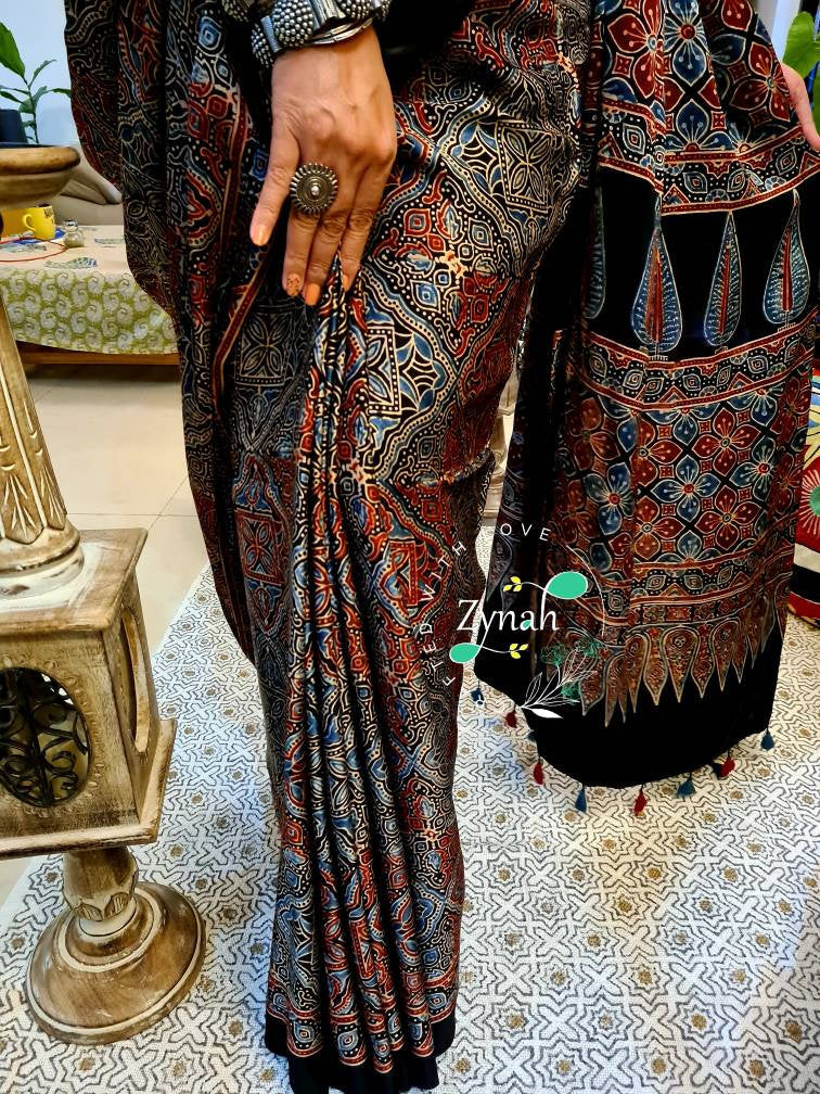 Zynah Pure Modal Silk Ajrakh Saree with Handblock Prints; Custom Stitched/Ready-made Blouse, Fall, Petticoat; Shipping available USA, Worldwide