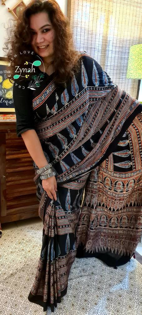 Zynah Pure Modal Silk Ajrakh Saree with Handblock Prints; Custom Stitched/Ready-made Blouse, Fall, Petticoat; Shipping available USA, Worldwide
